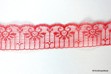 Red Embroidered Net Lace Trim Ribbon 50mm wide, 2Yards